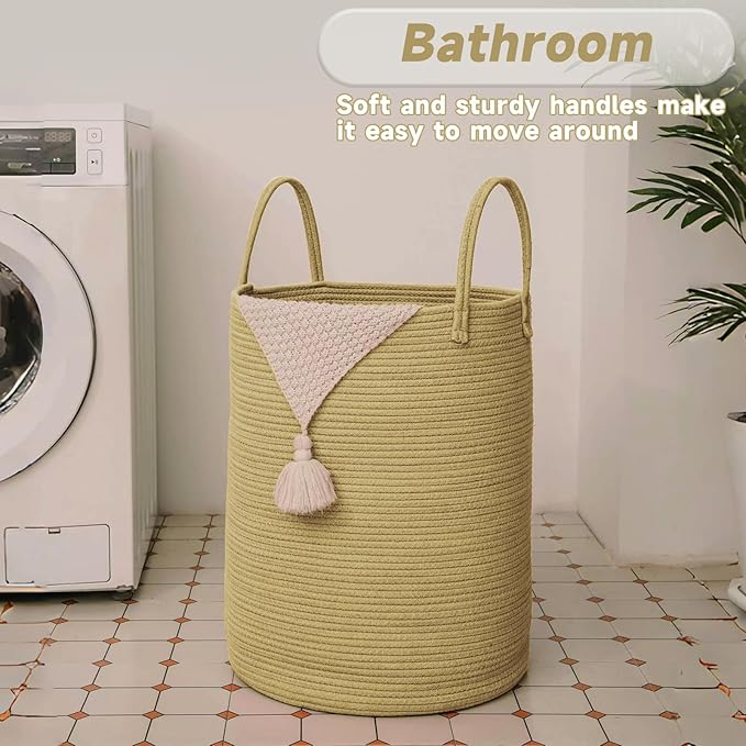 Large Woven Laundry Basket Hamper,100L Cotton Rope Storage Bin for Blankets,Toys and Clothes,Decorative Tall Nursery Hamper for Living Room,Baby Nursery,Bathroom and Bedroom,Jute