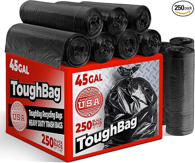 ToughBag 40-45 Gallon Trash Bags Heavy Duty (250 Count) | Black Garbage Bags | Made In USA