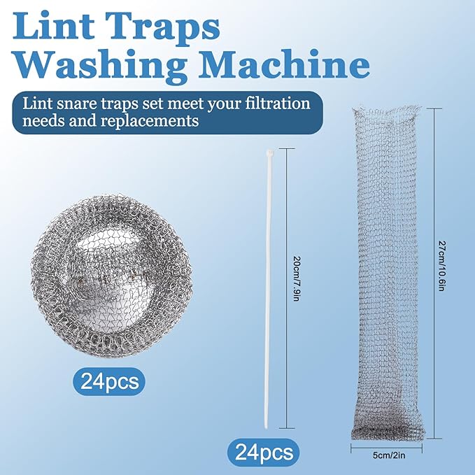 24 Pieces Stainless Steel Lint Traps for Washing Machine Hose,Rust-Proof Pet Lint Catcher Mesh Filter with 24 Pieces Cable Ties