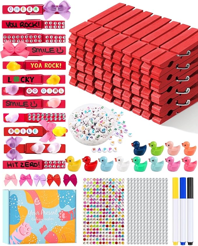 Cheer Pins for Backpack Cheer Stuff Kit 70 Red Colored Clothes Pins with Mini Resin Ducks Bows Letter Beads Team Cheerleaders Gifts Bulk Pin Me Ribbon for Bag Decorations Competition Spirit Clips