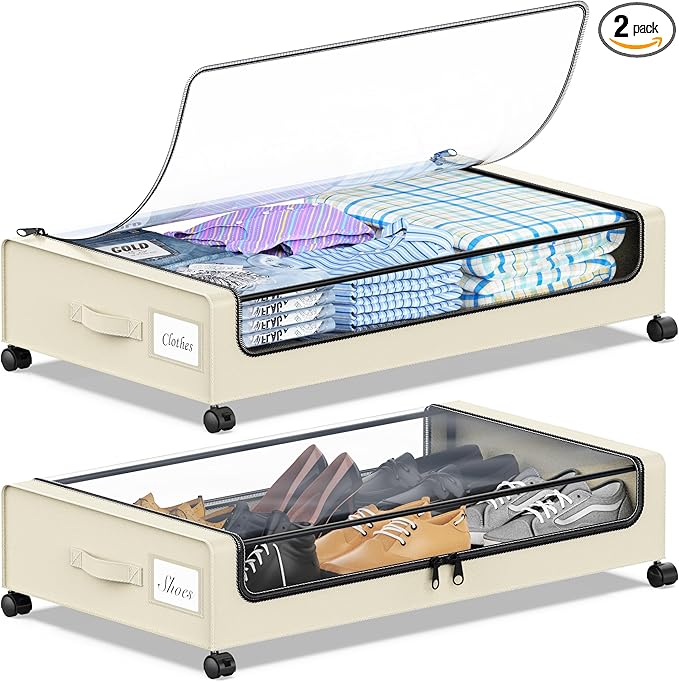 Under Bed Storage with Wheels, Under the Bed Storage Containers with Clear Lids & Label, Underbed Storage Bins, XXL 60L Rolling Metal Drawer for Clothes, Shoes, Toys, Books (Beige)