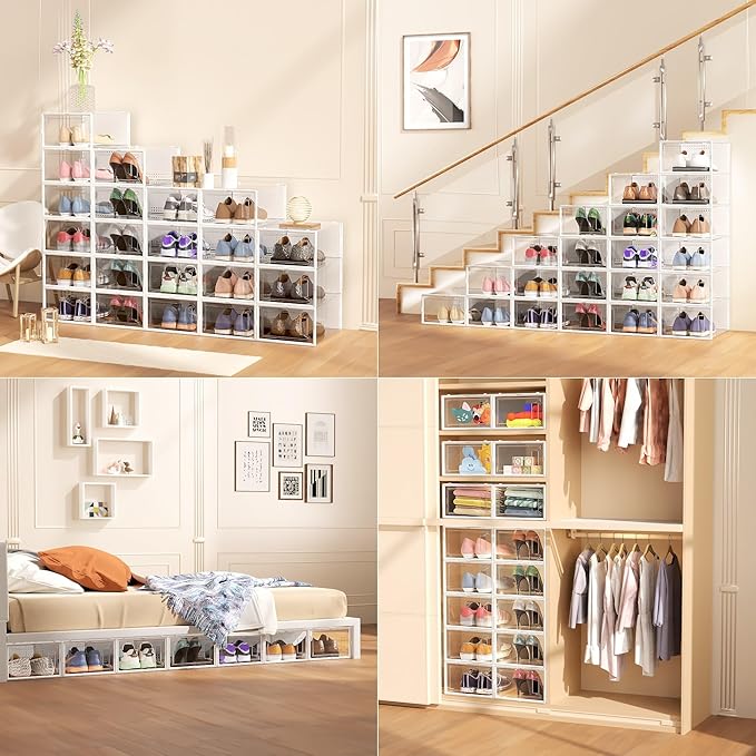 Secret Space 12 Pack X Large Shoe Organizer Storage Boxes for Closet, Modular Space Saving Shoe Boxes Clear Plastic Stackable Sneaker Containers Display Case with Lids, White
