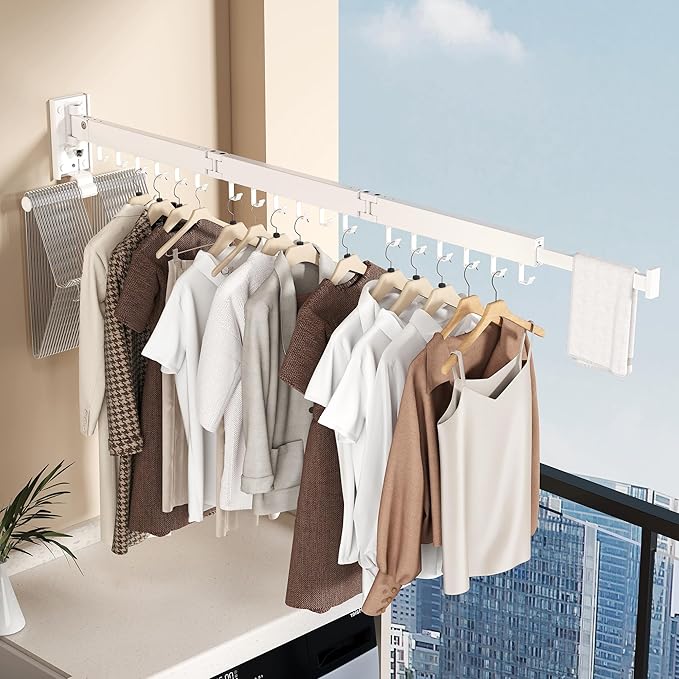 Wall Mounted Collapsible Clothes Drying Rack, Space-Saving Laundry Drying Rack Clothing Hanger, Durable Foldable Design Extends Left, Right & Up for Upgraded Versatility