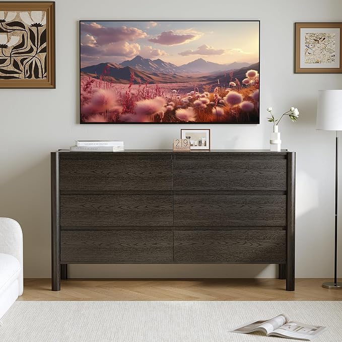 Dresser for Bedroom with 6 Drawers,47" Wide Oak Dresser with 4 Solid Wood Legs, Wooden TV Stand,Closet Clothes Organizer for Bedroom, Hallway