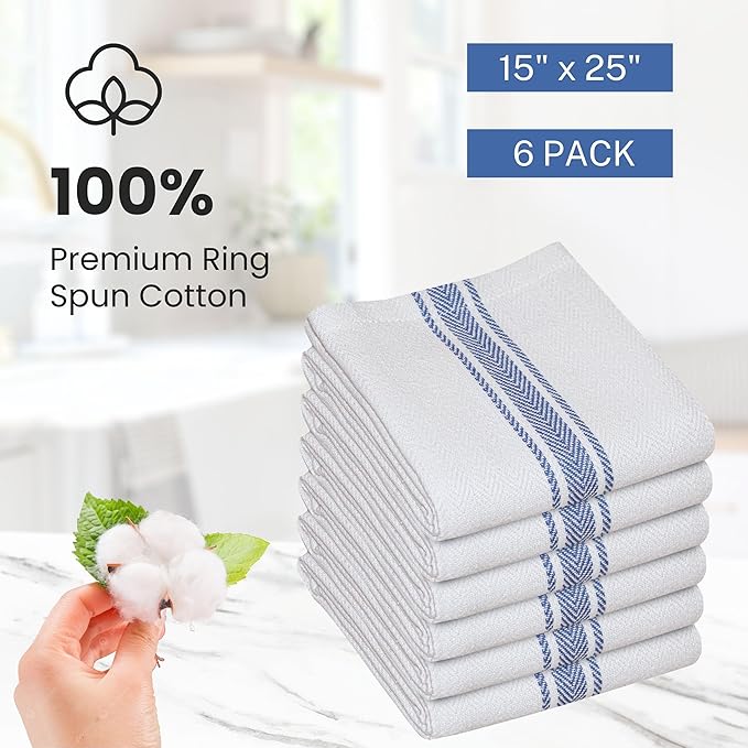 WHITEWRAP Kitchen Dish Towels for Kitchen, Highly Absorbent for Drying and Cleaning, Durable and Soft Tea Towels – 6 Pack, 100% Ring Spun Cotton 15 x 25 Inches – Blue