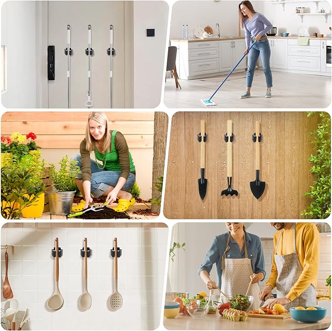 Broom Holder Wall Mount, 7PCS Broom Hanger Wall Mount, Stainless Steel Heavy Duty Mop Holder Broom Mop Hanger Wall with Screws, Garden Outdoor Tool Organizer Rack Broom Hanger (Black)