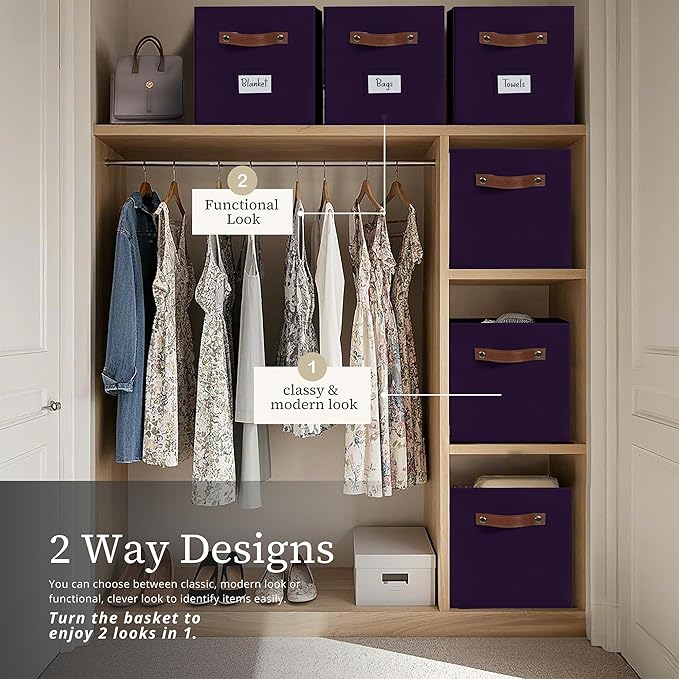 DECOMOMO Storage Baskets, 13x15x13 Storage Cube Bins with Labels for Organizing Shelves Kallax (Kallax / 4pcs, Deep Purple)