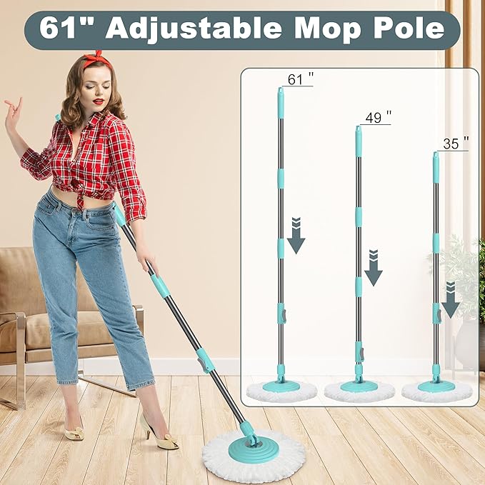 Spin Mop and Bucket System, Mop and Bucket with Wringer Set,Mops for Floor Cleaning,Household Supplies Tools with 6 Replacement Refills,61" Extended Handle for Household Hardwood Floor - Green