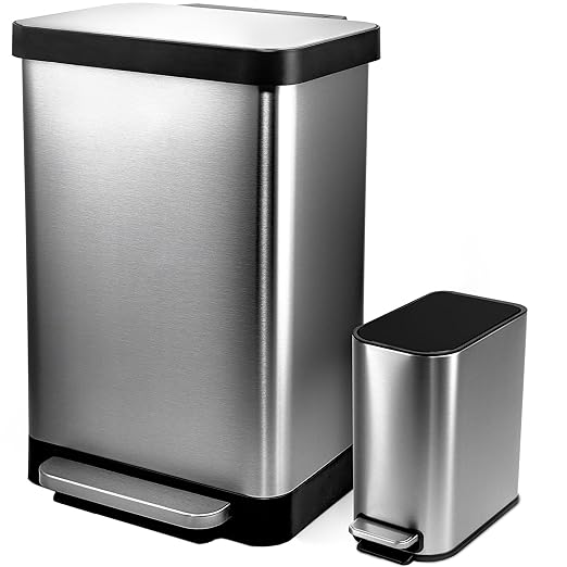 Hefty Stainless Steel Step Trash Cans with Lids, 12.7 Gallon & 1.3 Gallon Bin