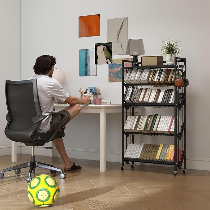 Book Carts 5 Tier 57.7x35.4x9.84 in Rolling Book Cart Large Capacity Bookshelf Storage Rack Mobile Book Storage with Wheels Cart for Home Office Living Room Classroom (5 Tier Black)
