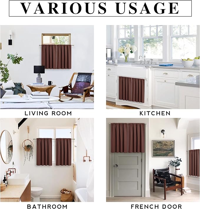 RYB HOME Small Curtains Blackout - Privacy Energy Efficiency Mini Curtains for Kids Bedroom RV Camper Windows Trailer Bathroom Kitchen Cabinet Door Window, W 29 x L 36, Chocolate Brown, 2 Panels