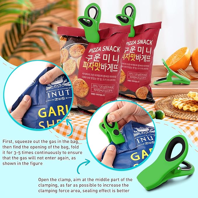 FINDMAG Big Chip Clip, Green Magnetic Wide Bag Clip Set, Cute Magnet Clips Refrigerator Sealing Clip, Plastic Food Clips Great for Kitchen, Home, Snacks, Bread, 12 Pack
