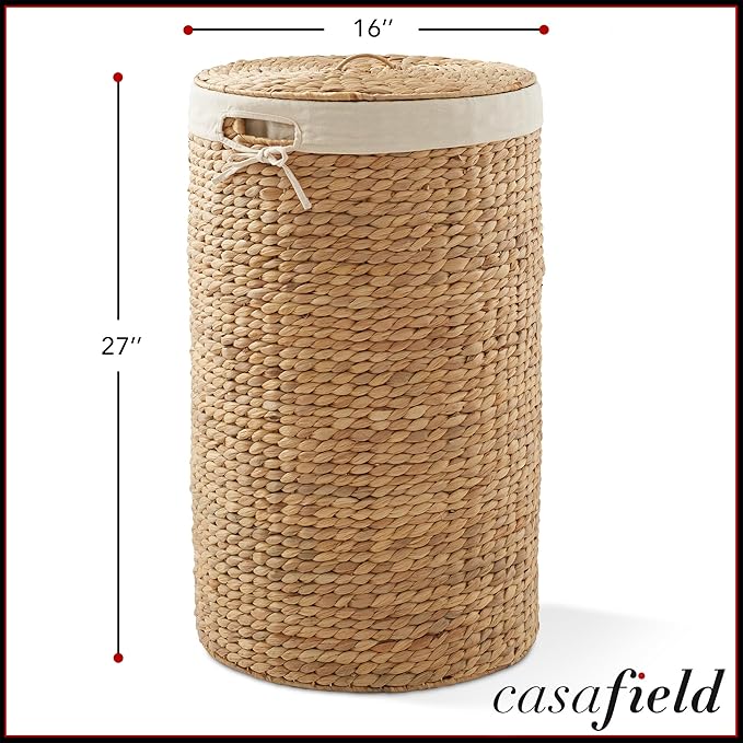 Casafield Round Laundry Hamper with Lid and Removable Liner Bag - Natural, Woven Water Hyacinth Wicker Laundry Basket for Clothes and Towels