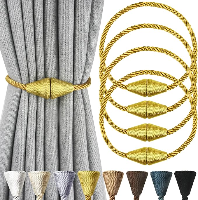 4 Pack Magnetic Curtain Tiebacks Rope Modern Handmade Curtain Tie Backs Decorative Drapes Weave Holdbacks for Window Décor, Gold