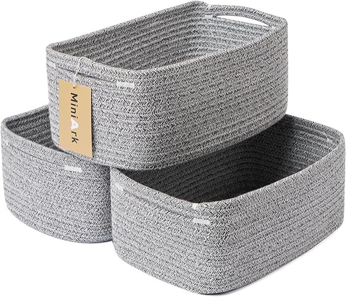 Small Storage Baskets for Organizing | Closet Organizer Bins | Shelf Toy Basket | Woven Rope Baskets | Cube Decorative Box | Shallow Basket | 13x8.5x5.1” | 3 Packs Mixed Grey