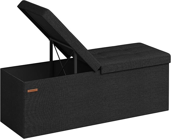 SONGMICS Mazie Collection - 43 Inches Storage Ottoman, Foldable Storage Bench with Flipping Lid, 660 lb Load Capacity, for Entryway, Living Room, Bedroom, Ink Black ULSF076B01