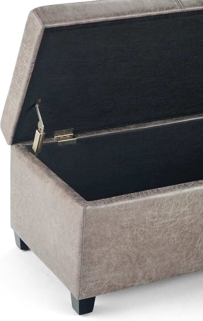 SIMPLIHOME Avalon 48 inch Wide Contemporary Rectangle Storage Ottoman Bench in Distressed Grey Taupe Vegan Faux Leather, Assembled, for the Living Room, Entryway and Family Room