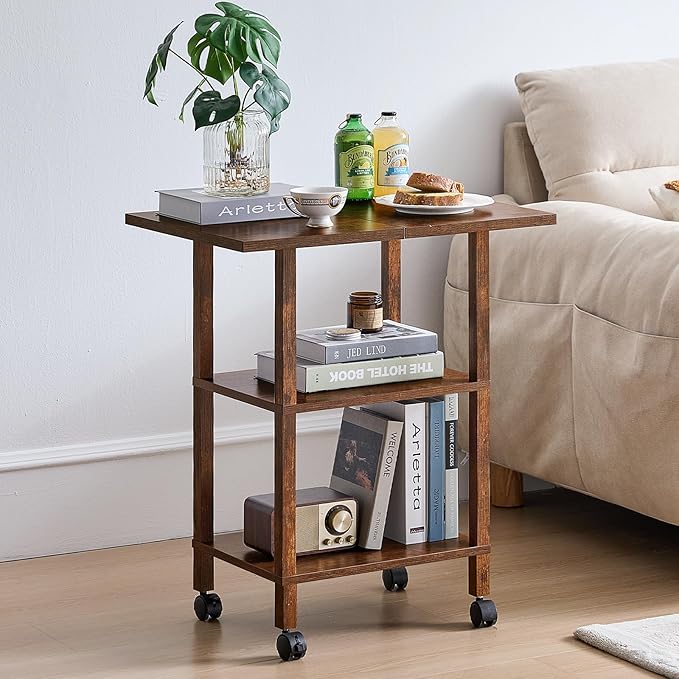 Lerliuo 3 Tier Printer Stand with Storage, Printer Table for Home Office, Wooden Rolling Printer Cart Shelf with Lockable Wheels fit Fax Machine, Scanner(Brown)