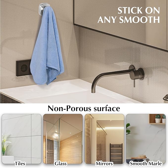 Suction Cup Hooks for Shower - Reusable No-Drill Mounting - Hooks for Towels, Robes & Loofah on Metal, Glass, Mirrors, Tile & Smooth Non-Porous Surfaces (2, Brushed Nickel)