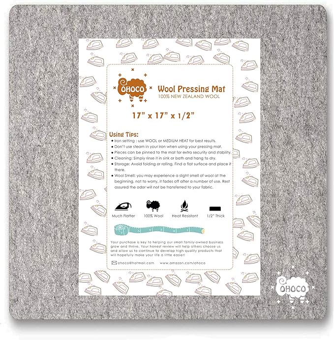 Wool Ironing Mat for Quilting - 17" x 17" XL Large Felt Ironing Pad 1/2" Thick, 100% New Zealand Wool Heat Resistant for Ironing, Sewing, Cutting on Ironing Board, Tabletop, Dryer, Countertop