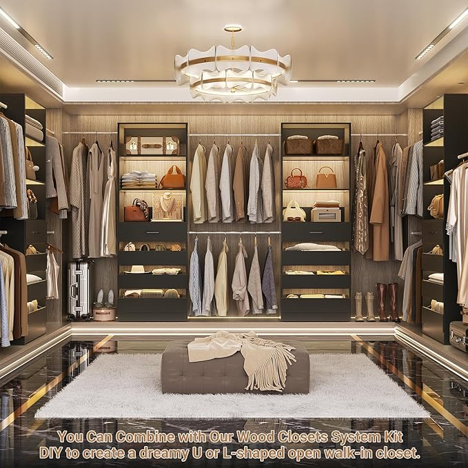 Aheaplus Closet System, 6-15Ft Closet Organizer with 8 Wooden Drawers, Wood Closet Organizer System with Tower, Walk-in Closet Organizer Wardrobe Clothes Rack with 4 Hanging Rods, Garment Rack, 1Black