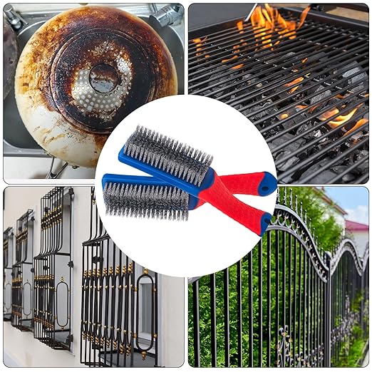 Wire Brushes 2 Pcs Steel Brushes Heavy Duty Carbon Steel and Stainless Steel Wire Scratch Brush with Rubber Ergonomic Handle (16x3.5cm)