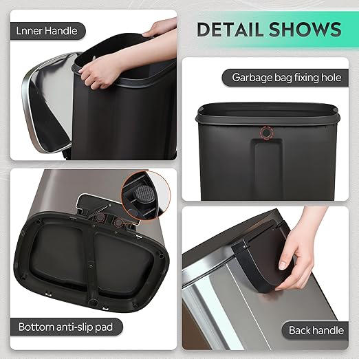 WLIVE 13 Gallon Stainless Steel Trash Can with Inner Bucket, Kitchen Garbage Can with Lid, 50L Soft Close Step Trash Can with Metal Foot for Home, Kitchen, Laundry Room, Office, Silver