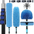 25ft High Ceiling Duster Kits with 5-18ft Heavy Duty Extension Pole - Fan Blade Cleaner, Cobweb Remover & Blue Window Squeegee Kit, Washable Dust Brush for High Roof and Glass Surfaces