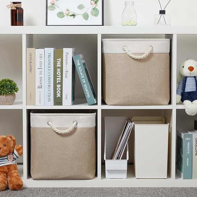 Temary Fabric Storage Baskets 2 Pack Decorative Storage Bins Basket for Gifts Empty Shelf Baskets with Handles for Organizing Home Closet, Towels (White&Khaki,16Lx12Wx12H Inches)