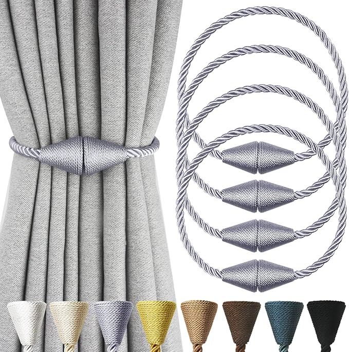 4 Pack Magnetic Curtain Tiebacks Rope Modern Handmade Curtain Tie Backs Decorative Drapes Weave Holdbacks for Window Décor, Grey