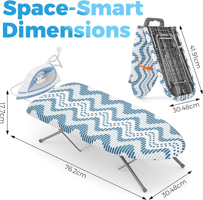 KINGBOARD Tabletop Ironing Board, Small Ironing Boards with Iron Rest, Folding Iron Board, Extra Thick Cover, Portable Tabletop Ironing Board with Non-Slip Feet, 30x12 Blue