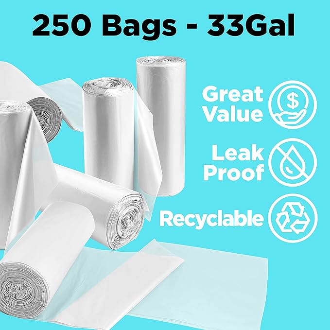30-33 Gallon Clear Trash Bags Heavy Duty (250 COUNT) - Clear Recycling Garbage Bags 30+ Gallon, 32 Gallon - Made in USA