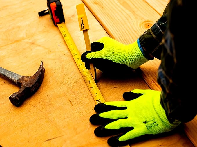G & F 1516 12 Pairs Pack Premium High Visibility Low emissions Green Work and gardening Gloves for Men and Women.MicroFoam Textured Coated Palm and Fingers Gloves for Gardening Work,Size Large,Green
