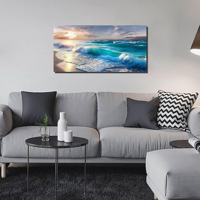GUGIKA Ocean Wall Art for Living Room, Blue Wave and Large Coastal Beach Canvas Wall-Decor for Bedroom, Gold Sun Scenery Pictures for Hallway Office, Size 40x20 Inches