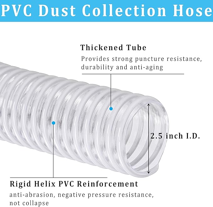 Dust Collection Hose 2-1/2 in × 20 ft Heavy Duty Clear Flexible PVC Reinforced Thicken Helix Suction Discharge Corrugated Pipe Hose for Fume Dust Collector Fitting Wood Chip Saw (2.5 inch hose)