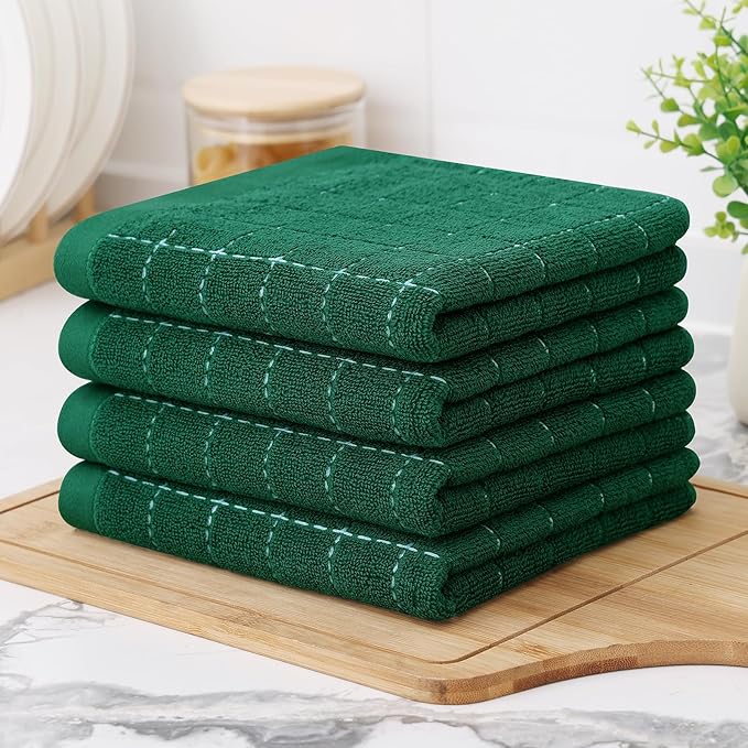 Homaxy 100% Cotton Terry Kitchen Towels(Dark Green, 13 x 28 inches), Checkered Designed, Soft and Super Absorbent Dish Towels, 4 Pack