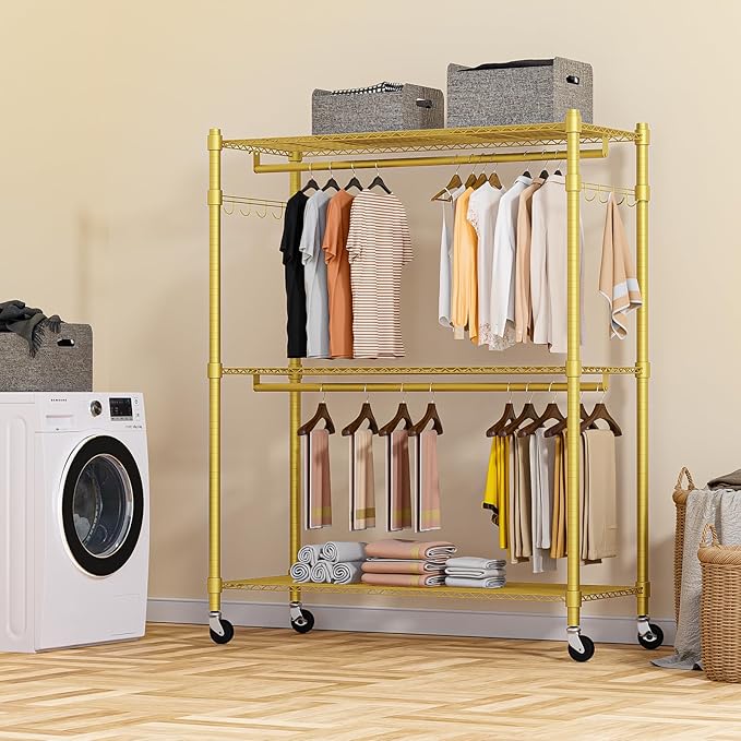 Homdox Gold Heavy Duty Clothes Rack with Wheels, 3-Tier Rolling Metal Garment Organizer with Double Hanging Rods & Hooks, Freestanding Portable Closet, 17.72" D x 47.24" W x 80.71" H