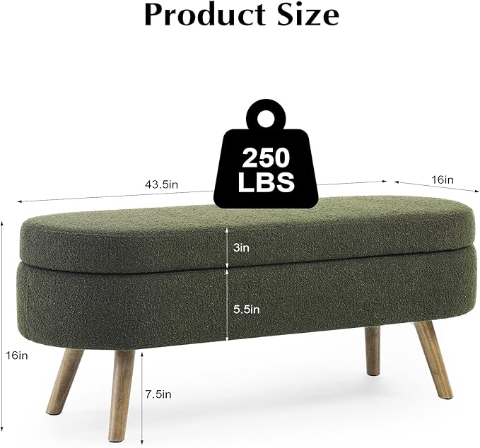 Storage Bench, 43" Storage Ottoman Bench, Shoe Storages Benches for Bedroom, Upholstered Entryway Benches with Seating, Rubber Wood Legs for Bedroom, Living Room, Entryway, Bed Side, Green