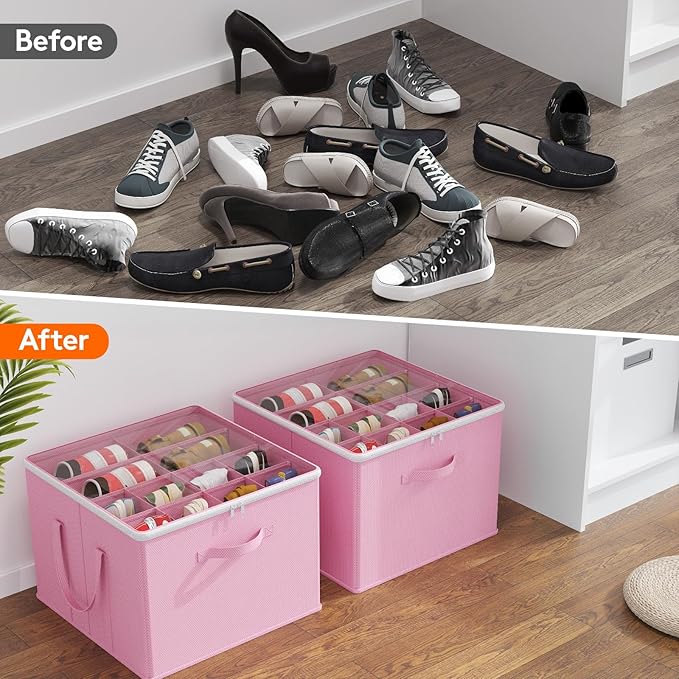 Lifewit Shoe Storage Organizer for Closet Fits 12-16 Pairs, Fabric Large Shoe Box Storage Containers with Clear Cover, Foldable Bins Fit for Boots Heels Sneakers 17"(L) x 17"(W) x 12.5"(H) 3 Pack Pink