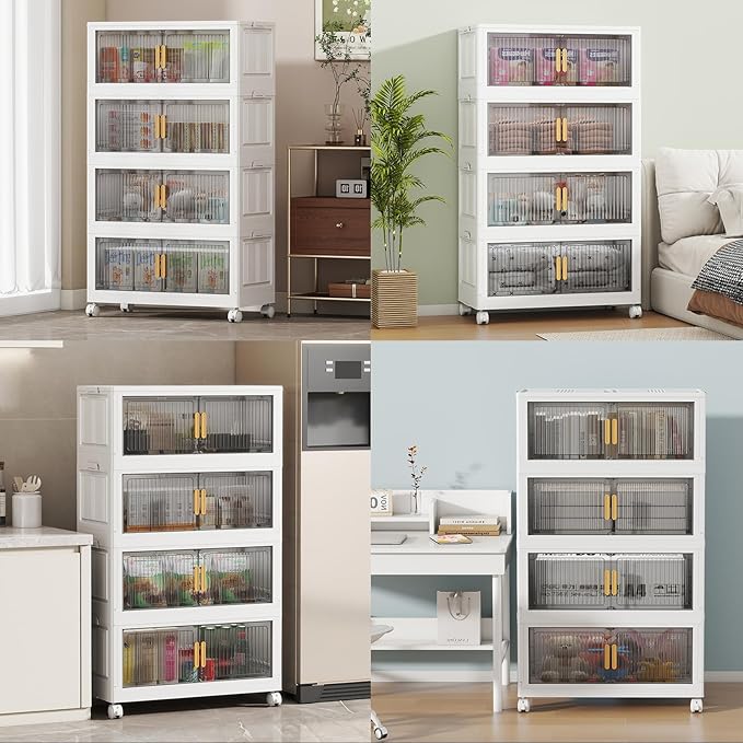 80Gal Stackable Plastic Storage Bins with Lids, Collapsible Closet Organizers and Storage with Wheels for Living Room,Office,Dorm 26.8" W x 14.4" D x 48.6" H, 4 Tier