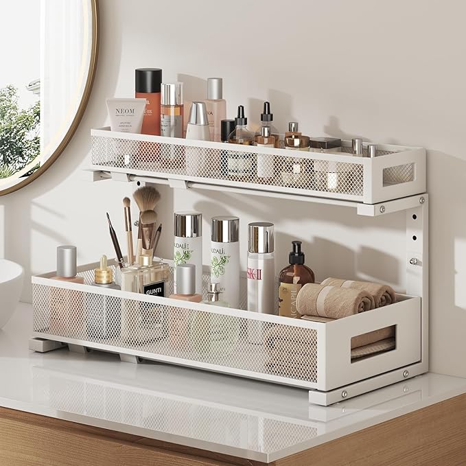 1 Pack 20.47IN Depth Under Sink Storage Organizer, Large 2-Tier Elegant Mesh Pull Out Shelf for Kitchen and Bathroom Cabinet Organization, L-Shaped and Adjustable Height Design-White