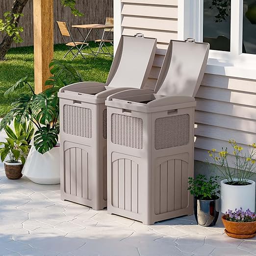 Patiowell 36 Gallon Outdoor Trash Can, Resin Outdoor Garbage Can with Lid for Patio, Backyard, Deck, Light Brown （2 Pack）