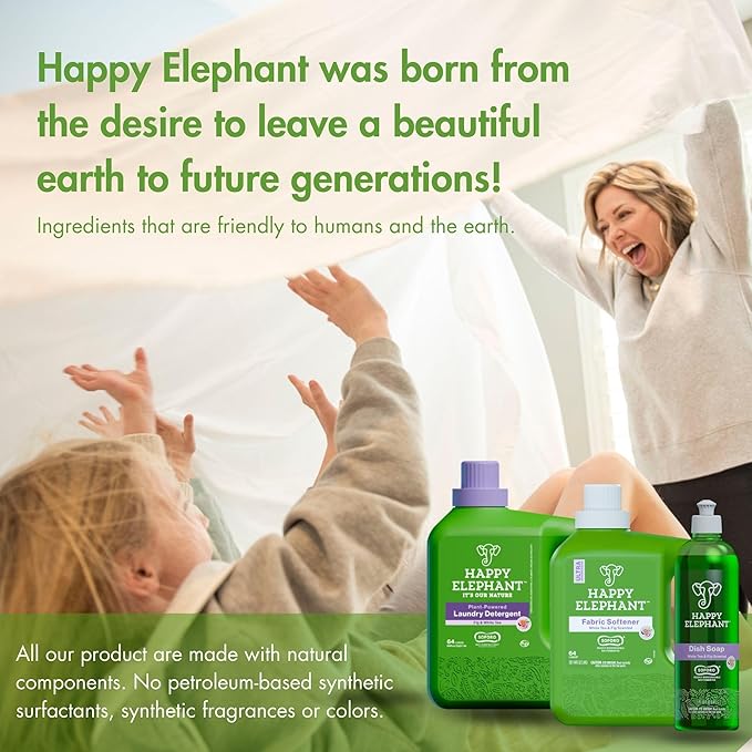 Happy Elephant Fabric Softener, White Tea & Fig Scent, Natural Biodegradable Liquid Fabric Softener, Plant Based, Softens Clothes & Reduces Static, Gentle on Skin, HE Compatible, 64 Fl Oz, 1 Pack