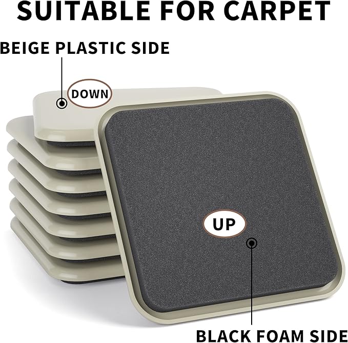 Yelanon Furniture Sliders, 8 pcs-4 3/4” Square Beige Furniture Sliders for Carpet, Heavy Duty Furniture Movers Sliders, Reusable Furniture Moving Pads, Floor Protectors for Carpet