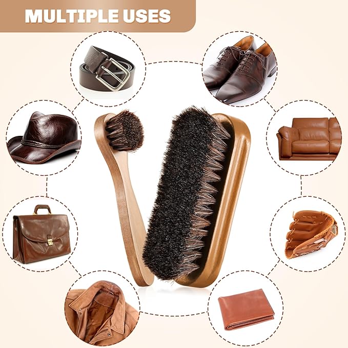 2 Pcs Horsehair Shine Shoes Brush Kit Polish Dauber Applicators Cleaning Leather Shoes Boots Care Brushes Suede Cleaner Brush(Wooden Style F)