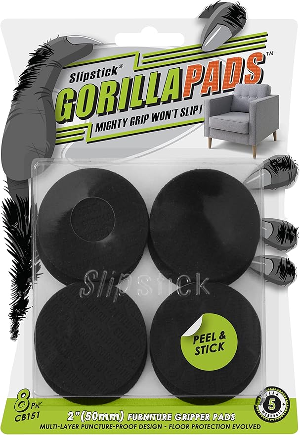 Slipstick GorillaPads Non Slip Furniture Pads/Gripper Floor Protectors (Set of 8) 2 Inch Round Self Adhesive Rubber Stoppers for Furniture Legs, CB151
