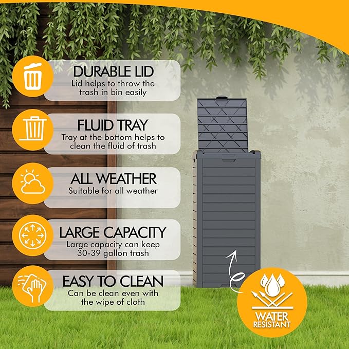 31 Gallon Outdoor Trash Can, Waterproof Resin Trash Can with Layered Lid and Drip Tray, Perfect for Patio, Backyard (Black)