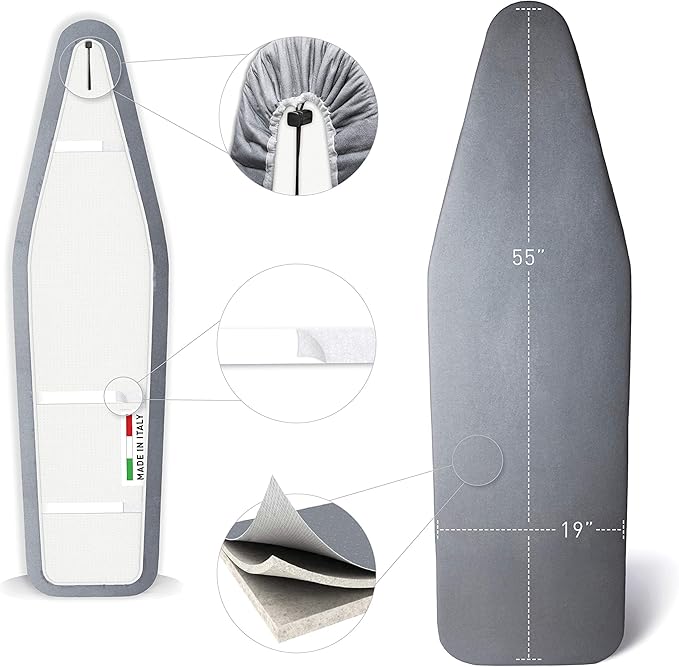 TIVIT Ironing Board Cover 19 x 55, Made in Italy. Pro Grip Pad Covers w/3 Fastener Straps & Pull Bungee Cord - Durable Scorch & Stain Resistant Padded Layers, Heat Reflective AlumiTek PRO Top Coat