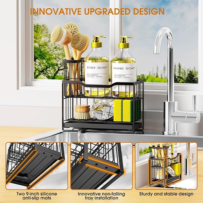2-Tier Kitchen Sink Caddy with High Brush Holder&Self-Draining Tray,Rustproof&Non-Slip Sink Sponge Holder,Kitchen Countertop Storage Organizer,Soap Dispenser Storage - Black