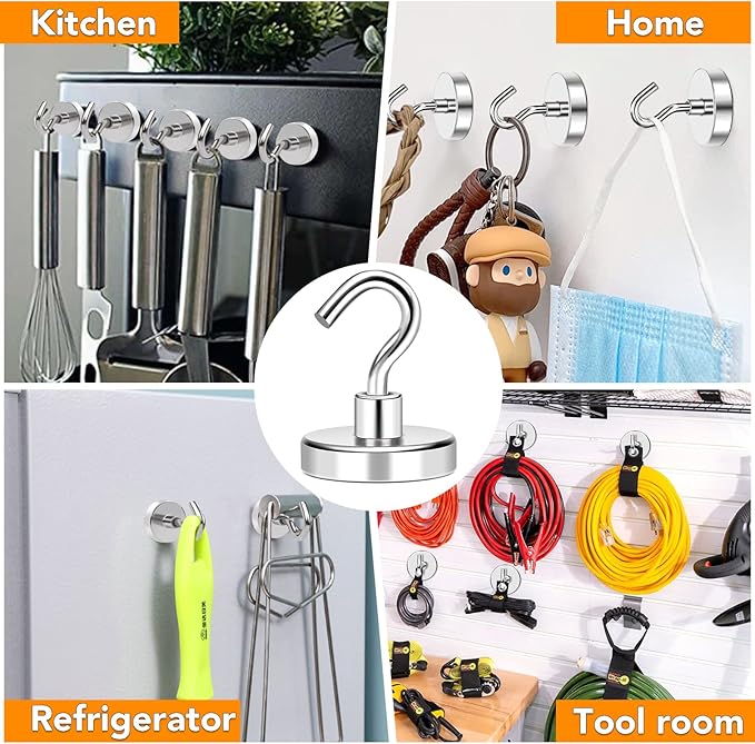 MIKEDE Magnetic Hooks Heavy Duty, 170Lbs+ Super Strong Magnet Hooks for Cruise Essentials, Neodymium Earth Magnets with Hook for Hanging, Magnetic Hanger for Fridge, Toolbox, Storage - 4 Pack